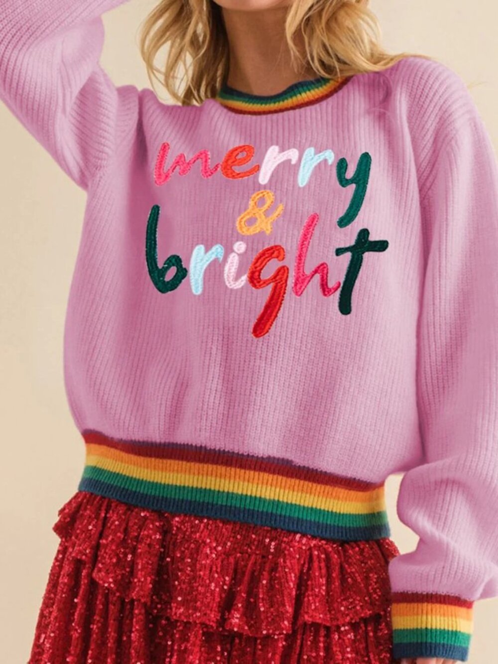 Women's S, M Pink Merry & Bright Ribbed Round Neck Sweater Rainbow Trim Christma